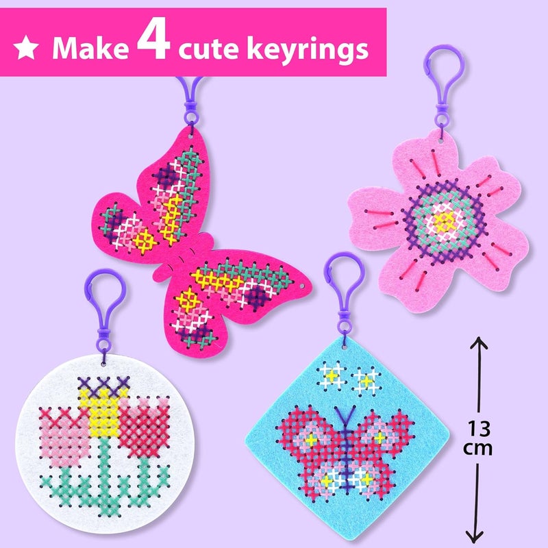 KRAFUN Cross Stitch Kits for Kids Beginners, 4 Cross Stitching Keyrings Arts & Crafts with Butterfly and Flower, Needlepoint Embroidery Kit for Girls 5-13 Craft Kit Backpack Charms, Ornaments - Image 3